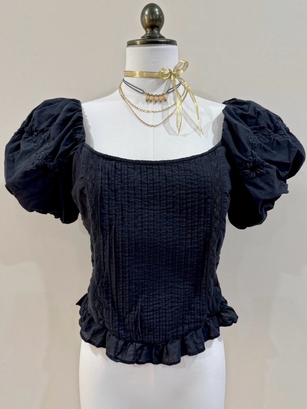 LoveShackFancy Cotton Embroidered Puff Sleeve Corset Crop Top Dark Coquette